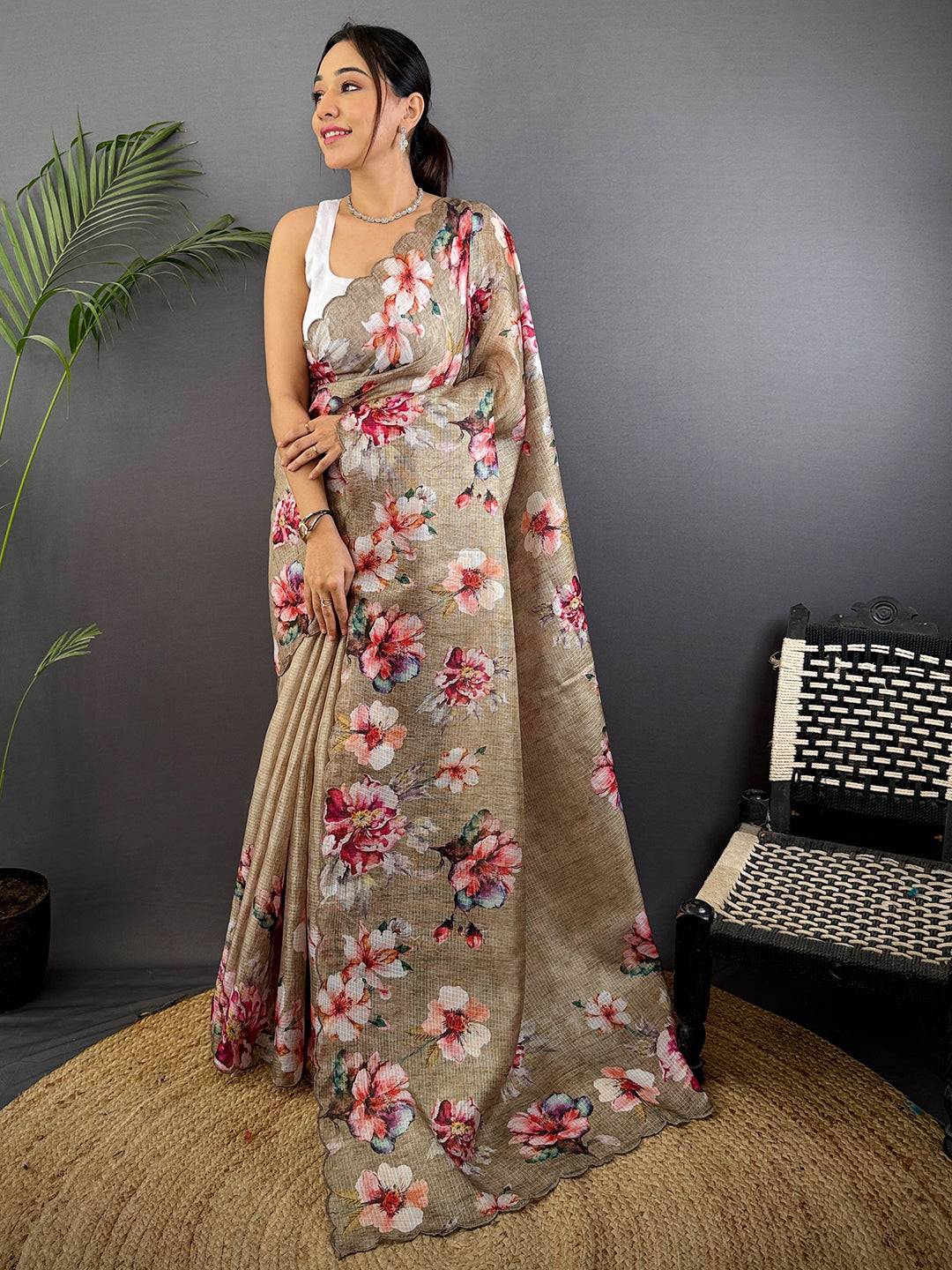 Beige Kota Floral Digital Cut Work Saree