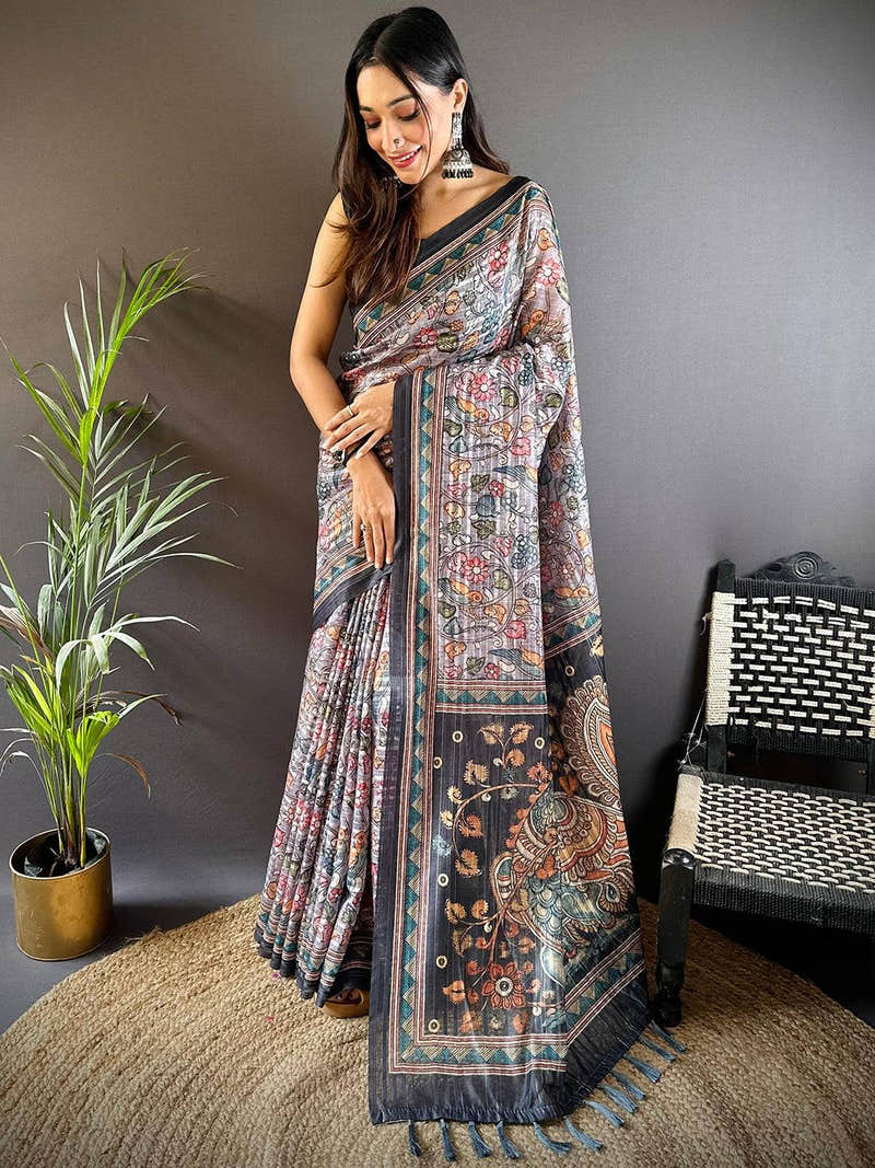 Grey Kalamkari Stripes Chanderi Saree