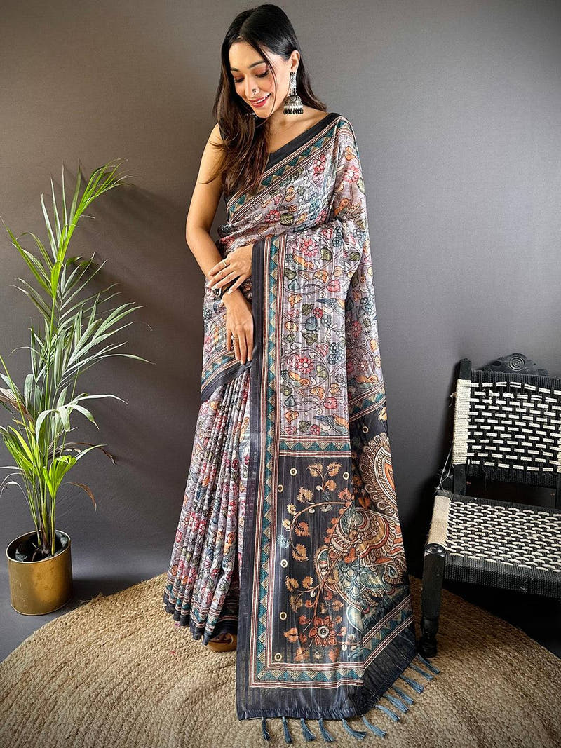 Grey Kalamkari Stripes Chanderi Saree