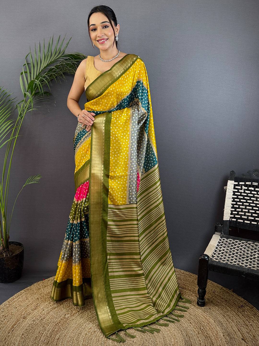 Olive Soft Dola Bandhej Print Saree