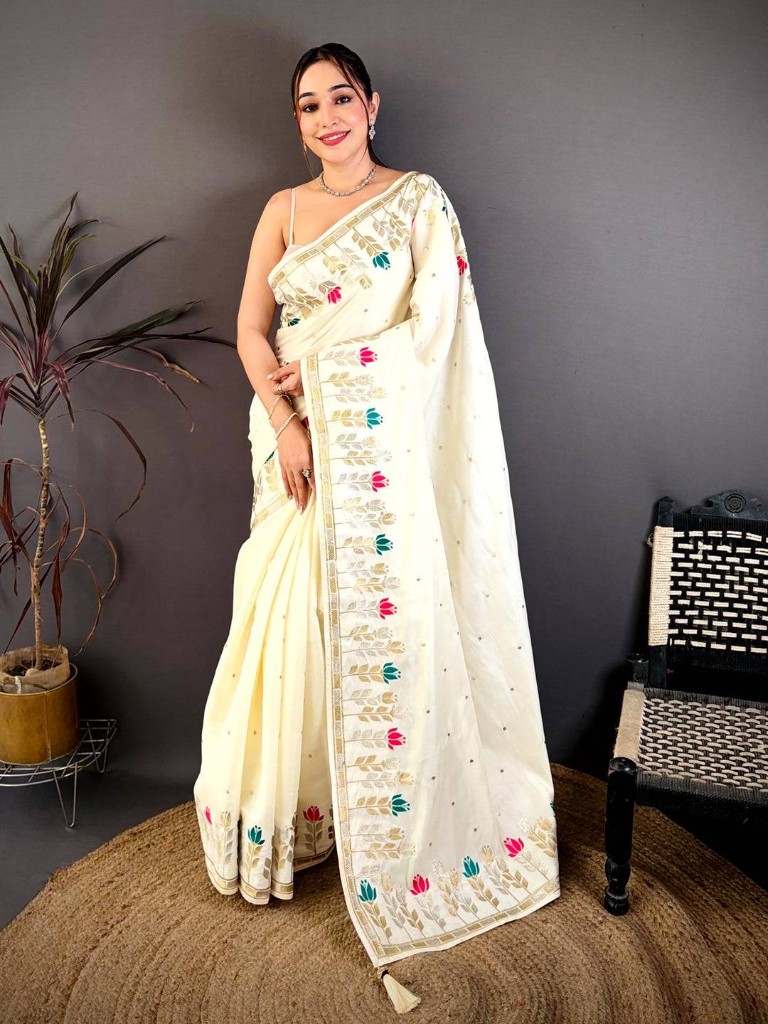 White Soft Satin Minakari Aari Work Saree
