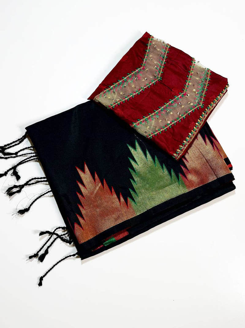 Black Copper Radiance Soft Silk Saree With Maggam Blouse