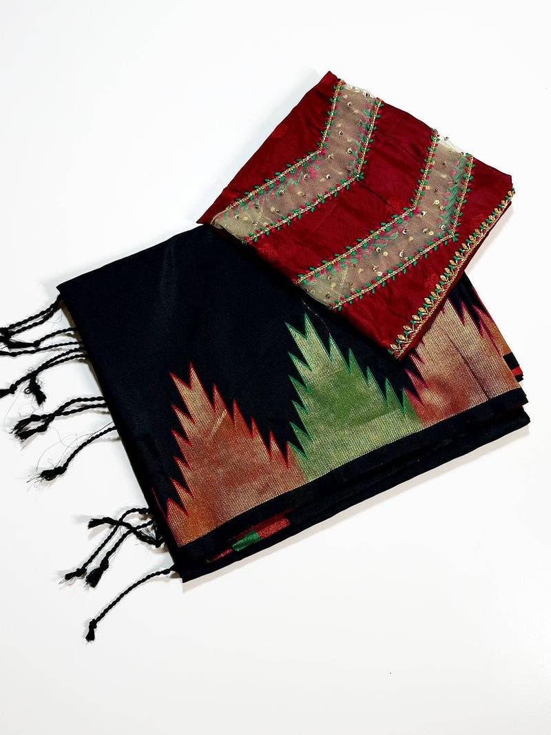 Black Copper Radiance Soft Silk Saree With Maggam Blouse