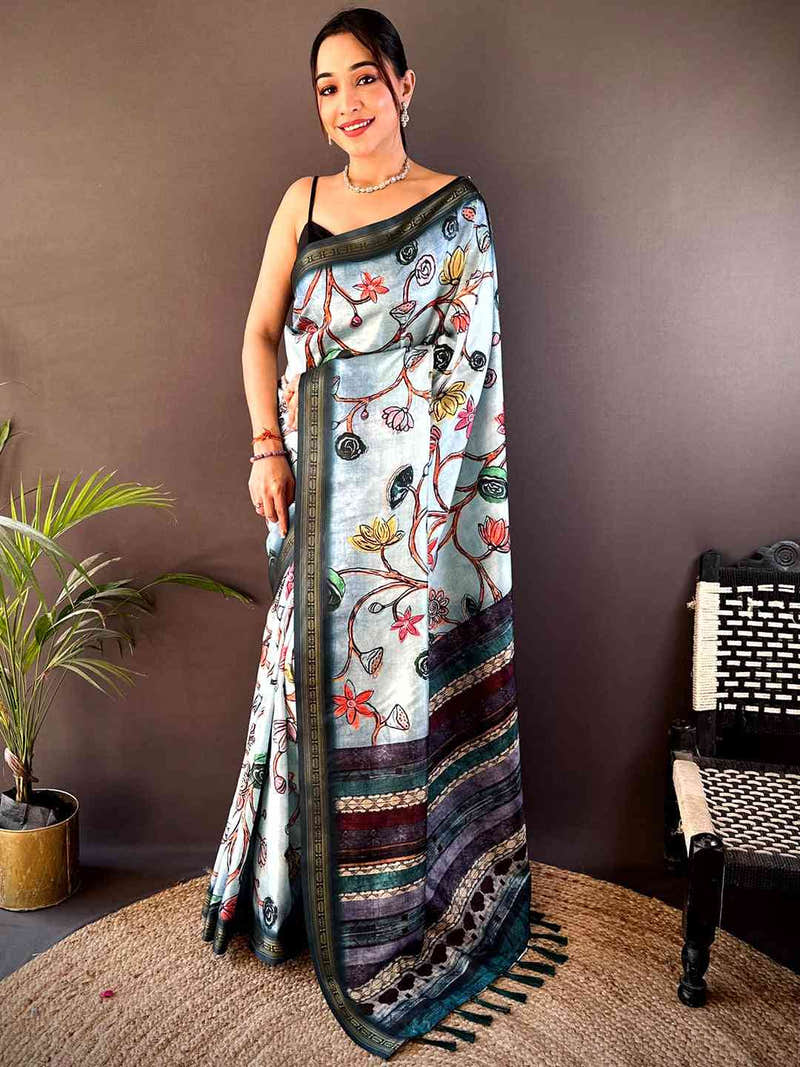 Blue Soft Silk Freehand Kalamkari Print Saree