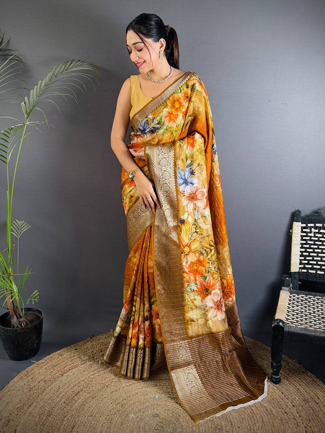 Radiant Bronze Floral Digital Saree