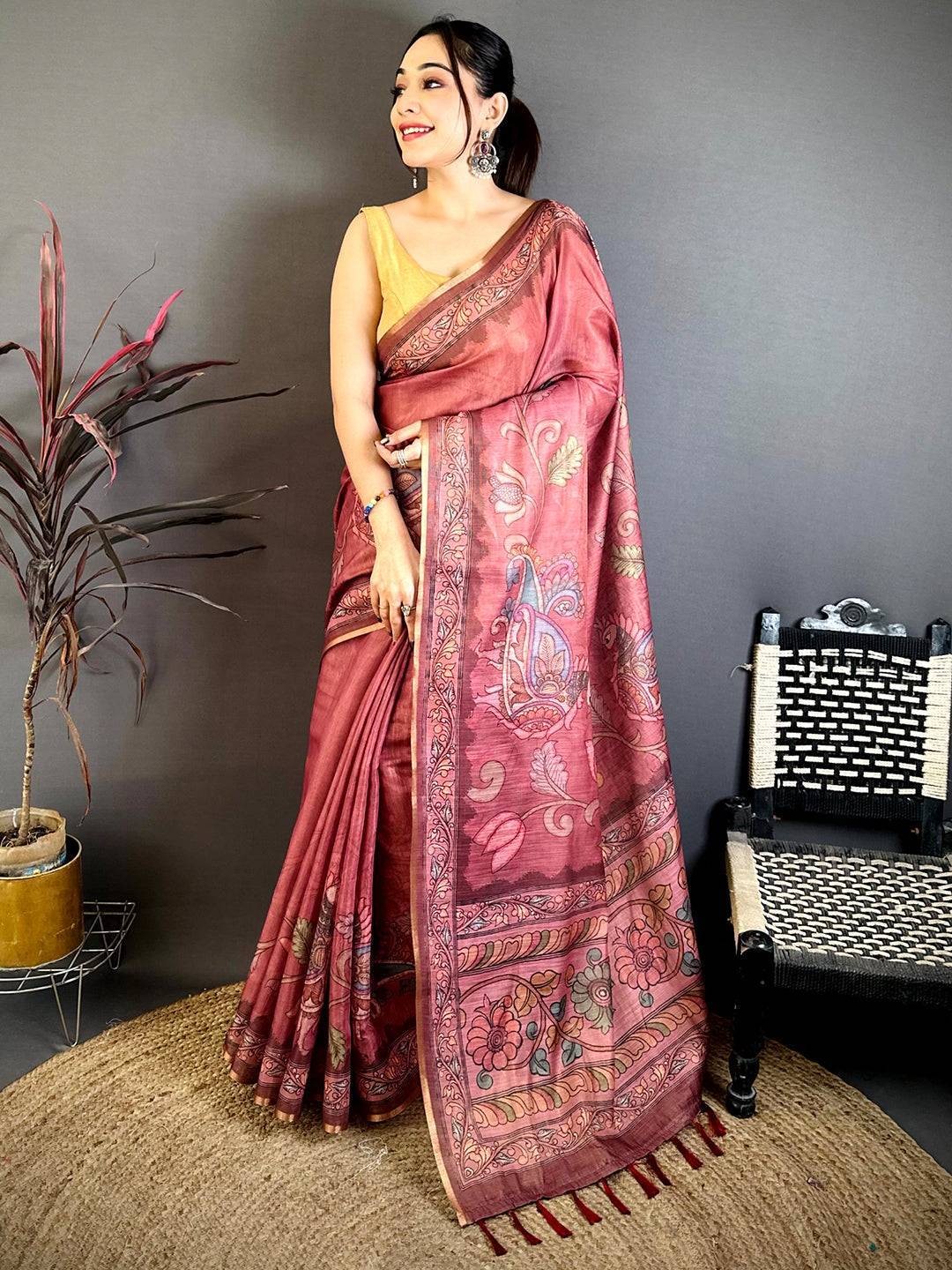 Rose Pink Vintage Pen Kalamkari Chanderi Saree