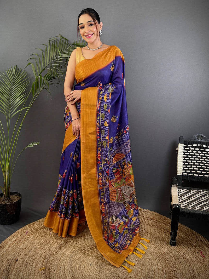 Purple Aari Pashmina Print Linen Saree