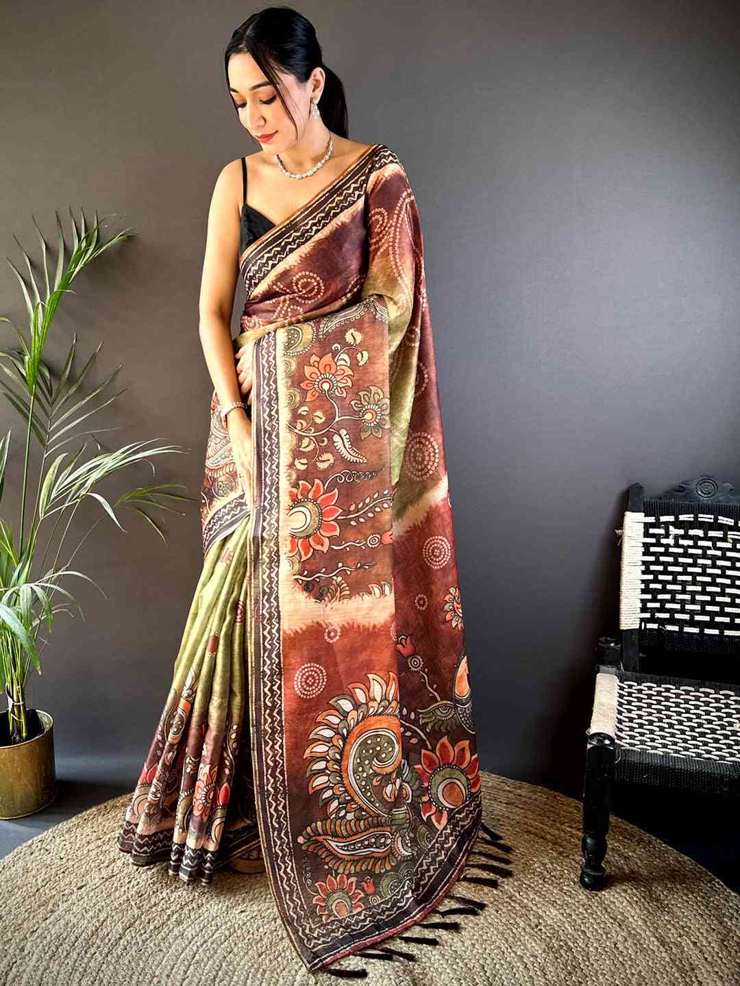 Olive Kalamkari Bandhani Chanderi Saree
