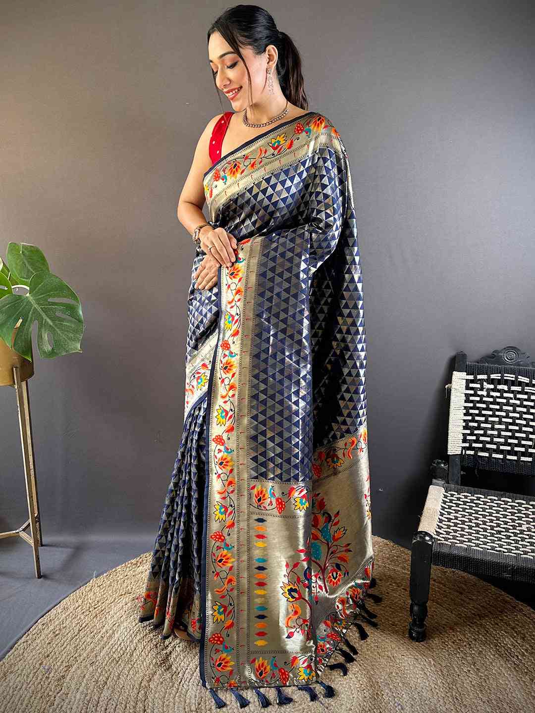 Navy Silk Blend Woven Zari Work Paithani Saree