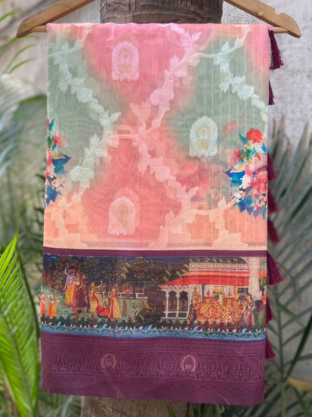 Wine Lakhani Kalamkari Print Saree with Rich Pallu