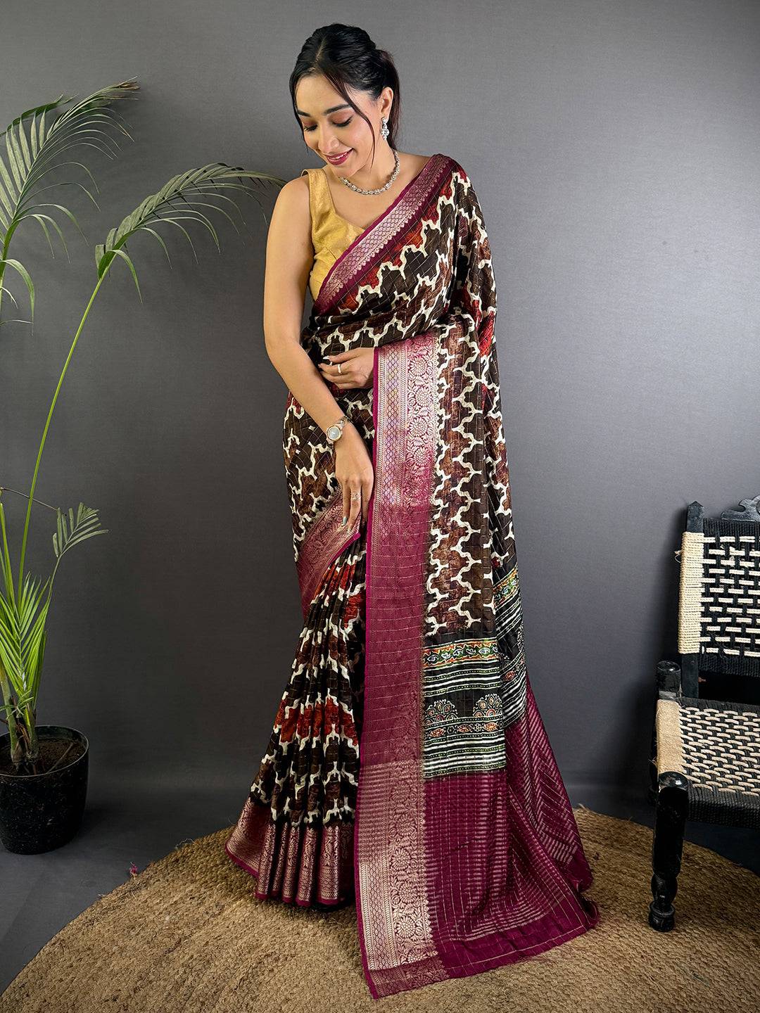 Chocolate Brown Ajrak Print Viscose Saree