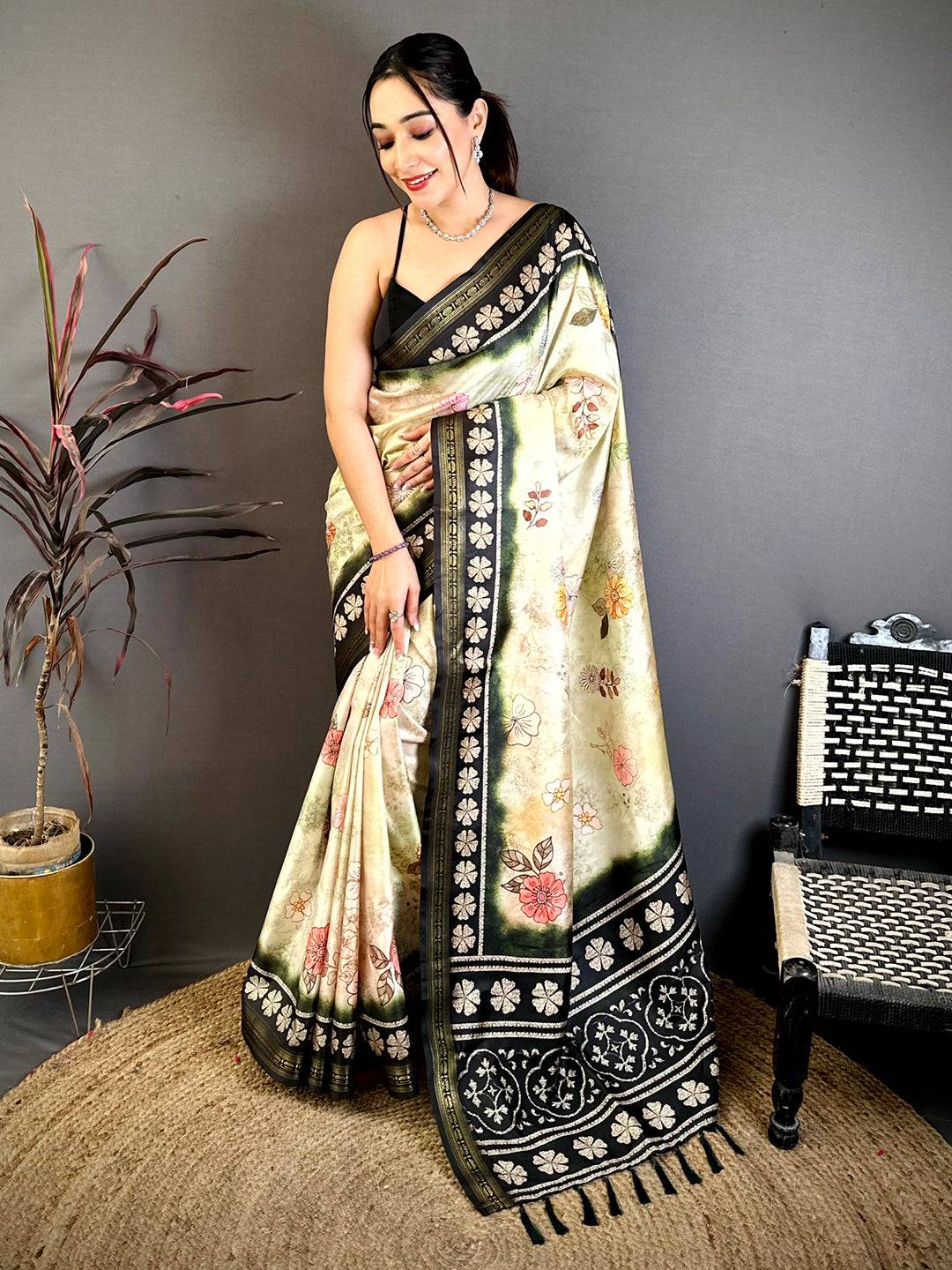 Elegance Floral Soft Silk Zari Border Saree