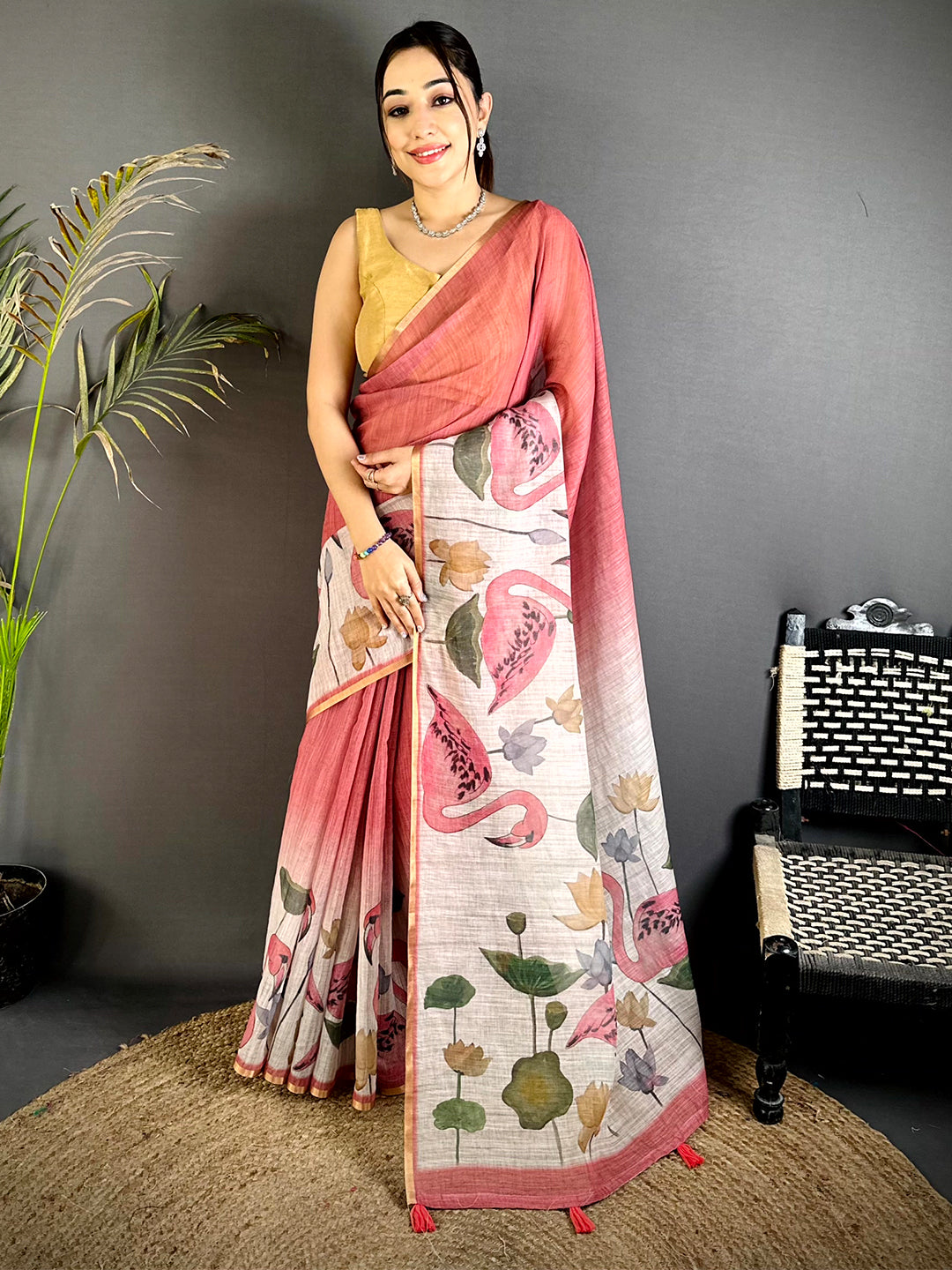 Pink Swan Gold Zari Linen Saree