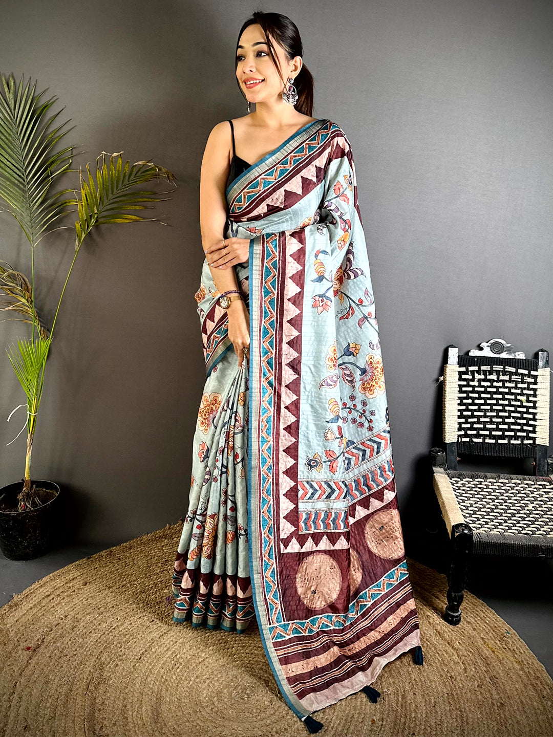 Radiant Ajrakh Kalamkari Tussar Saree