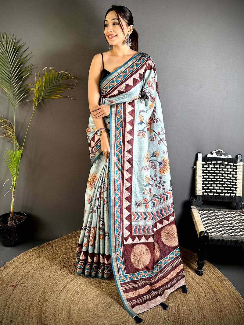 Radiant Ajrakh Kalamkari Tussar Saree