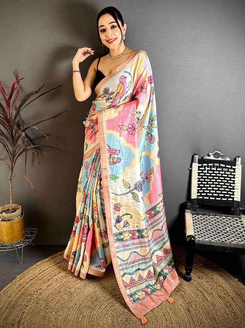Vibrant Folk Art Tussar Ghicha Saree