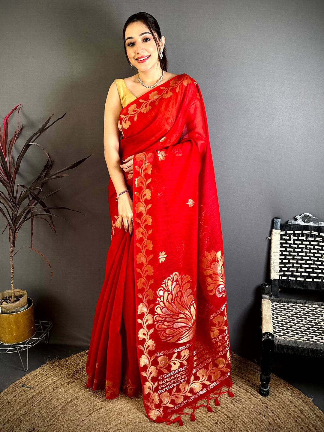Red Peacock Zari Munga Saree