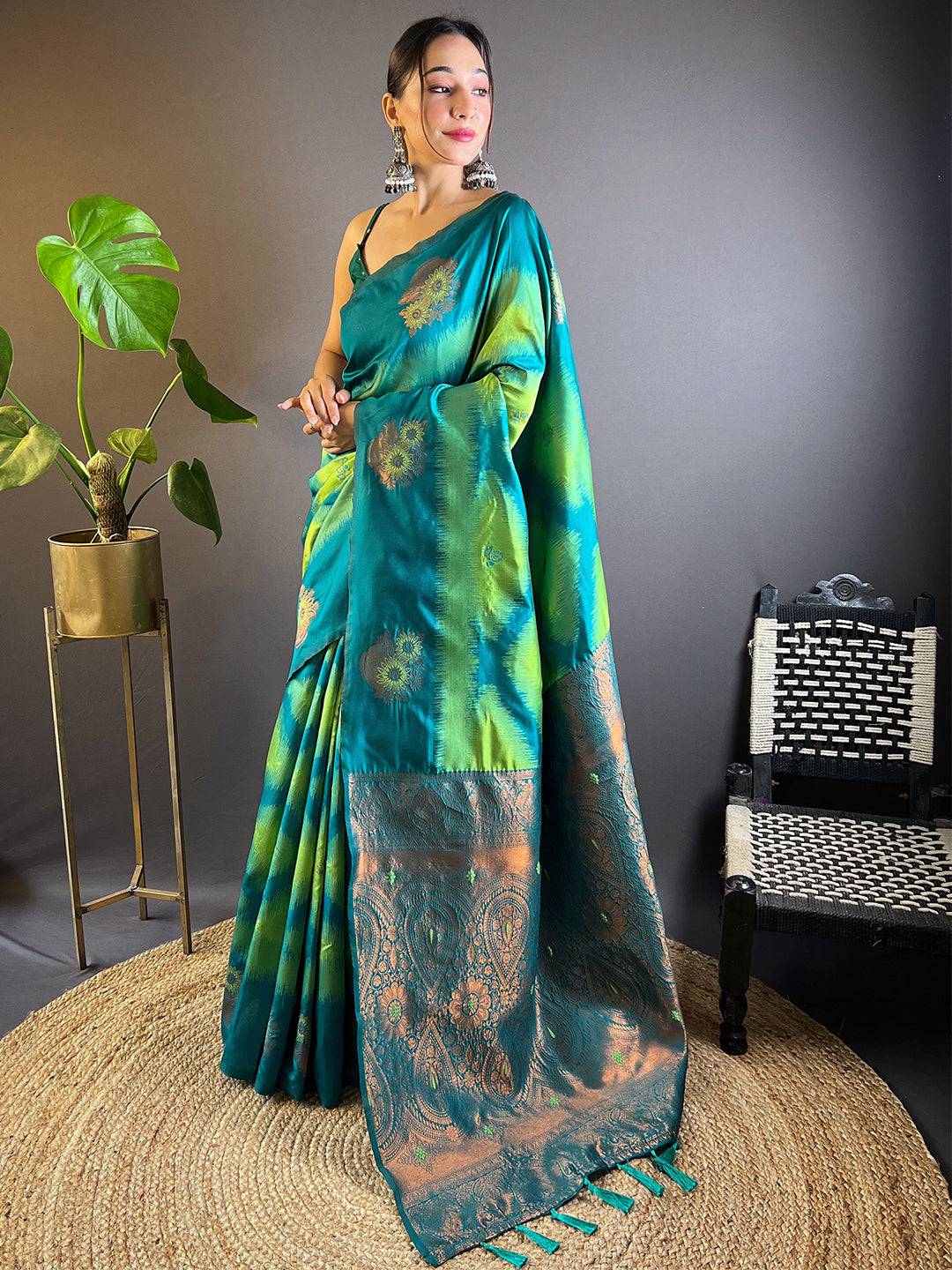 Model showcasing Parrot Green Tussar Silk Ikkat Weaving Saree.