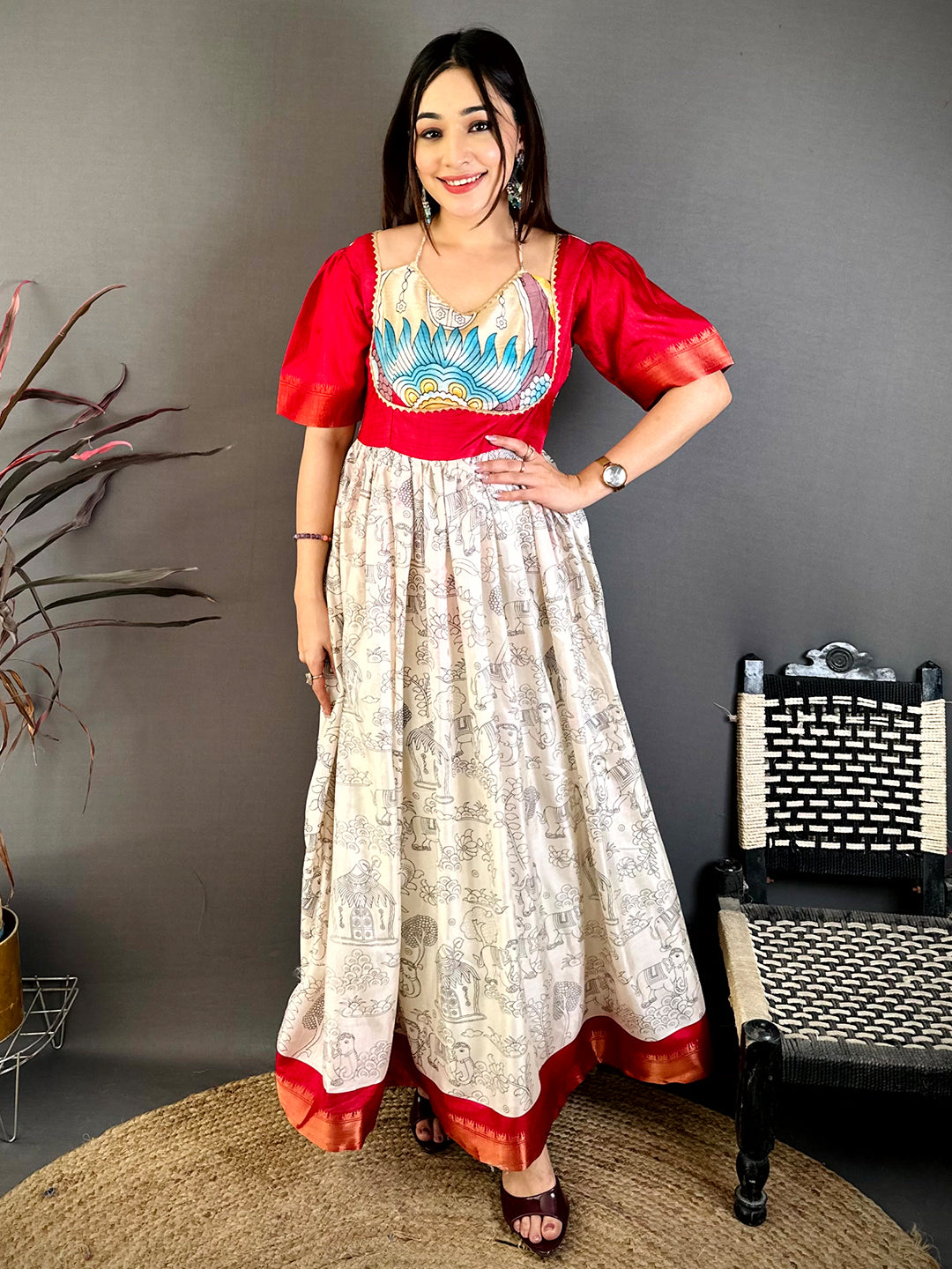 Elegant V Neck Strap Kota Doriya Dress