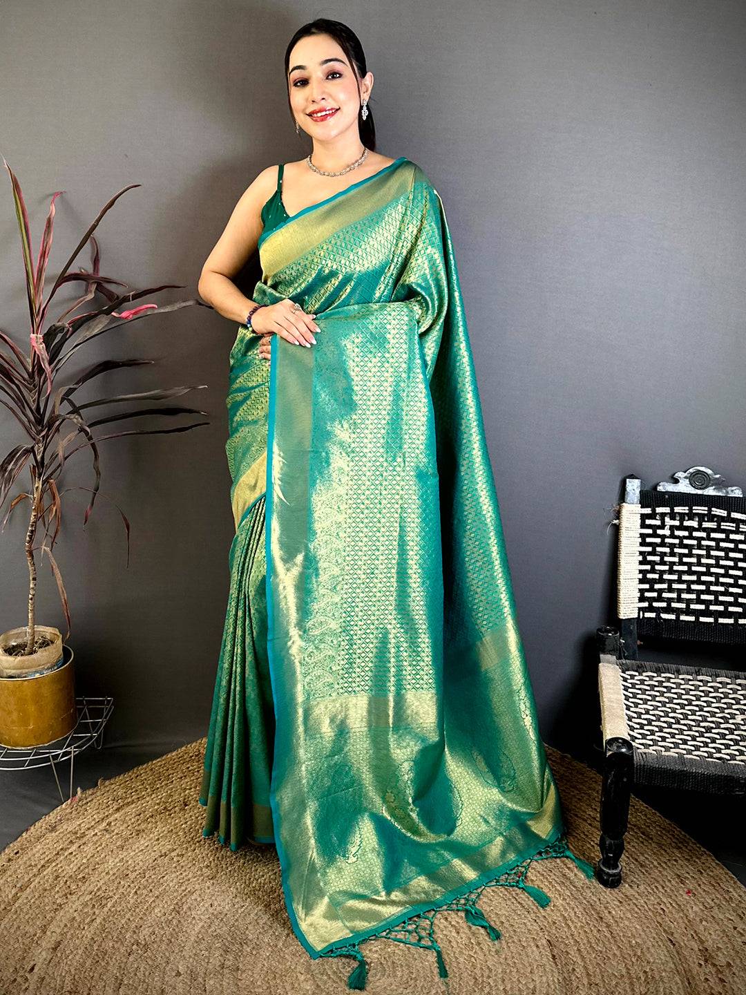Radiant Teal Kanjivaram Zari Silk Saree
