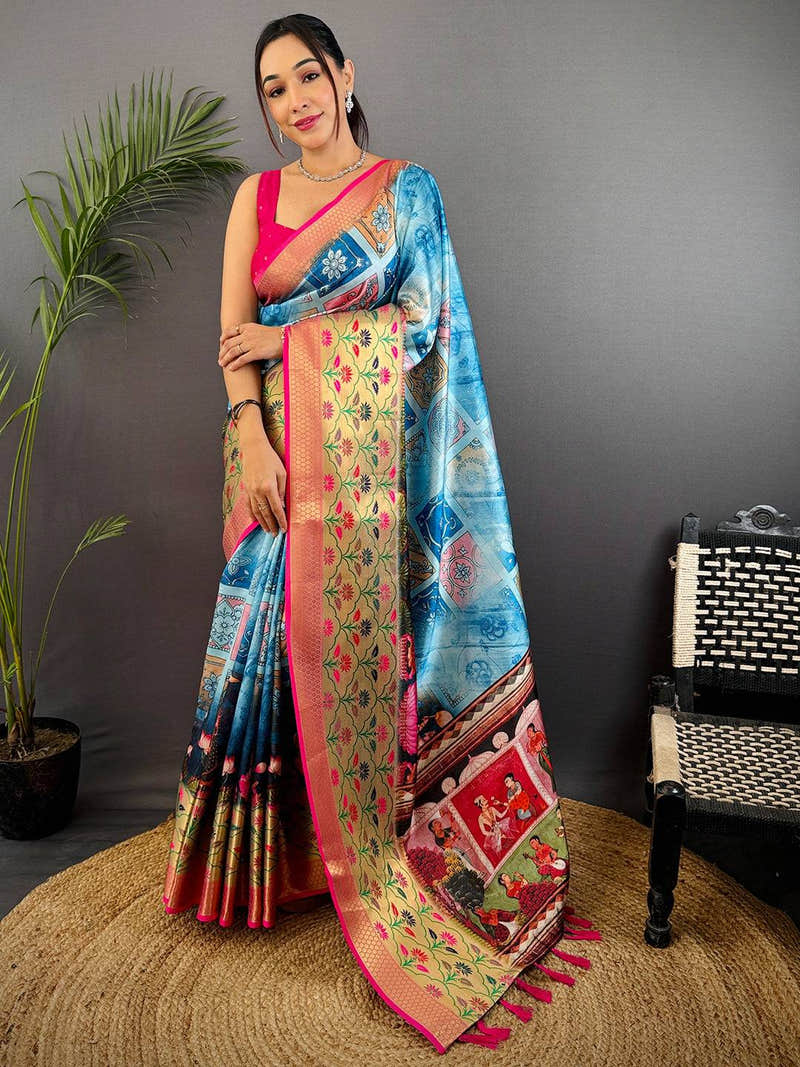 Sky Blue Freehand Digital Print Soft Silk Saree