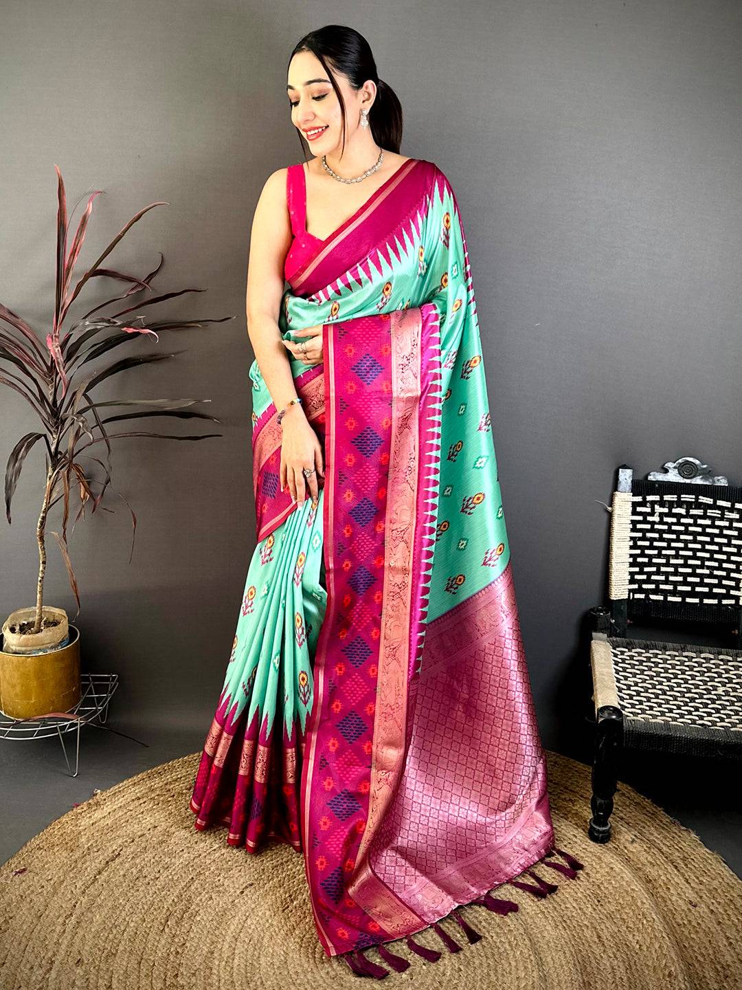 Sea Green Contrast Satin Ikat Zari Silk Saree