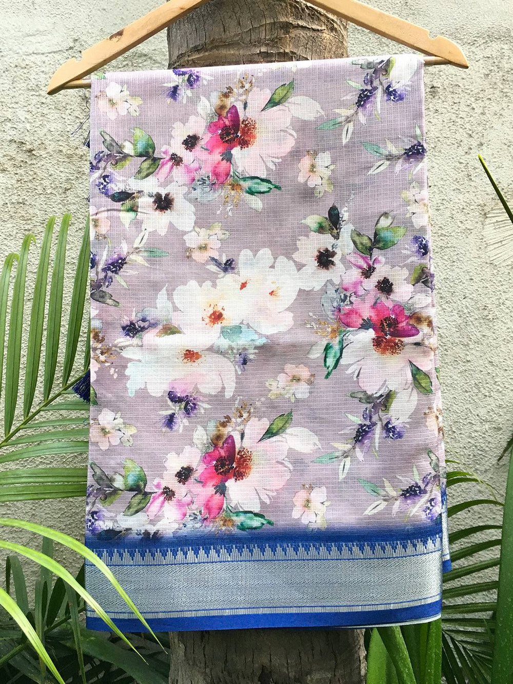 Grey Kota Flower Digital Print Saree with floral design