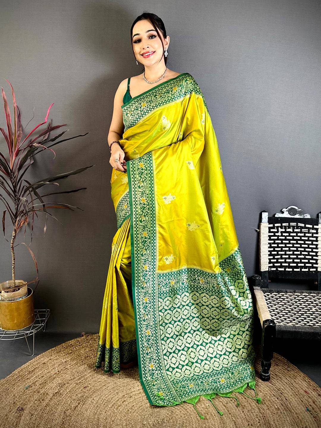 Lime Yellow Grace Gadwal Silk Saree