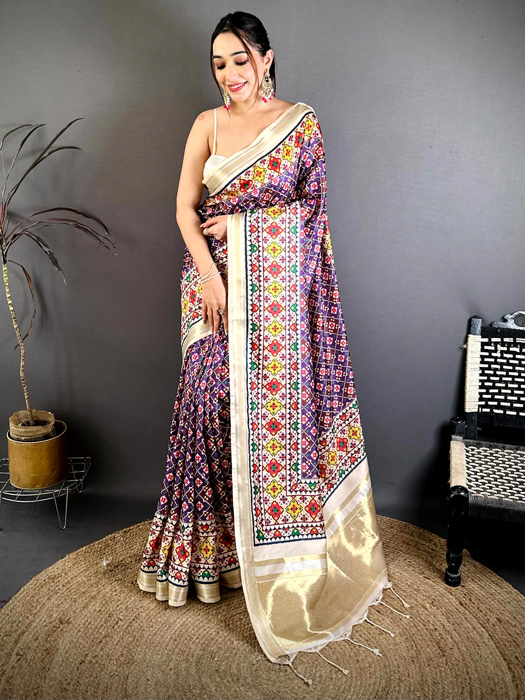 Purple Ethnic Digital Ikkat Kanchi Saree