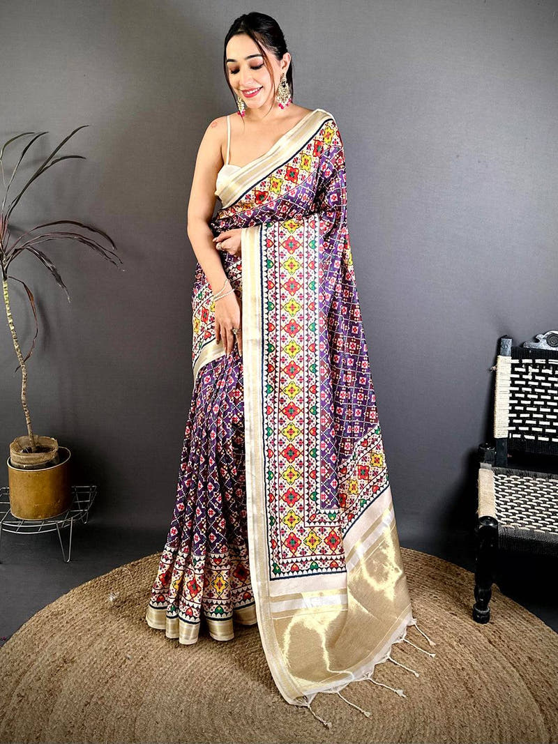 Purple Ethnic Digital Ikkat Kanchi Saree