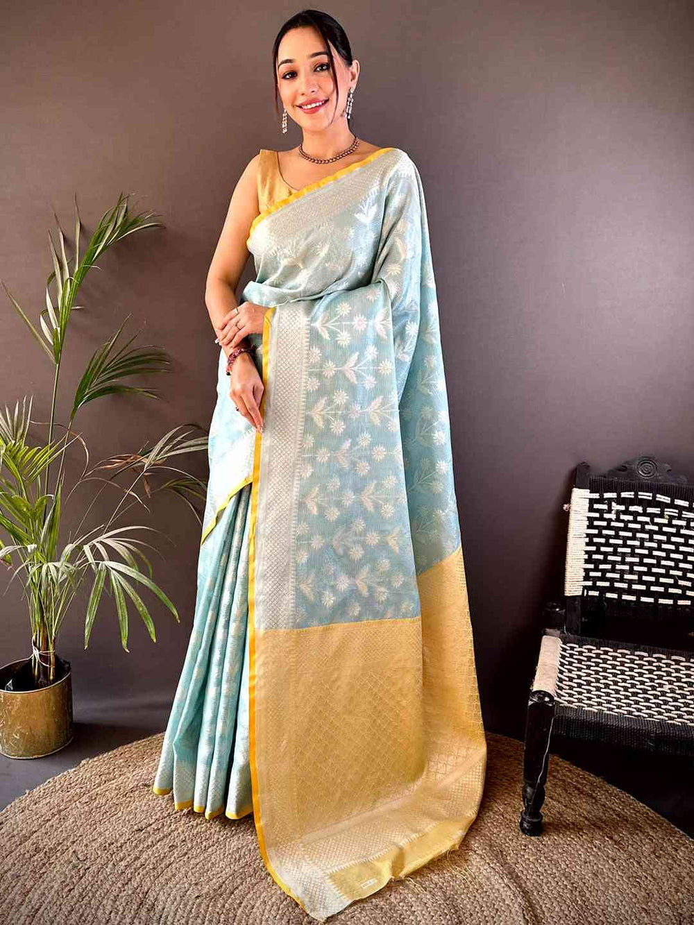 Sky Blue Kota Kora Zari Floral Weave Saree