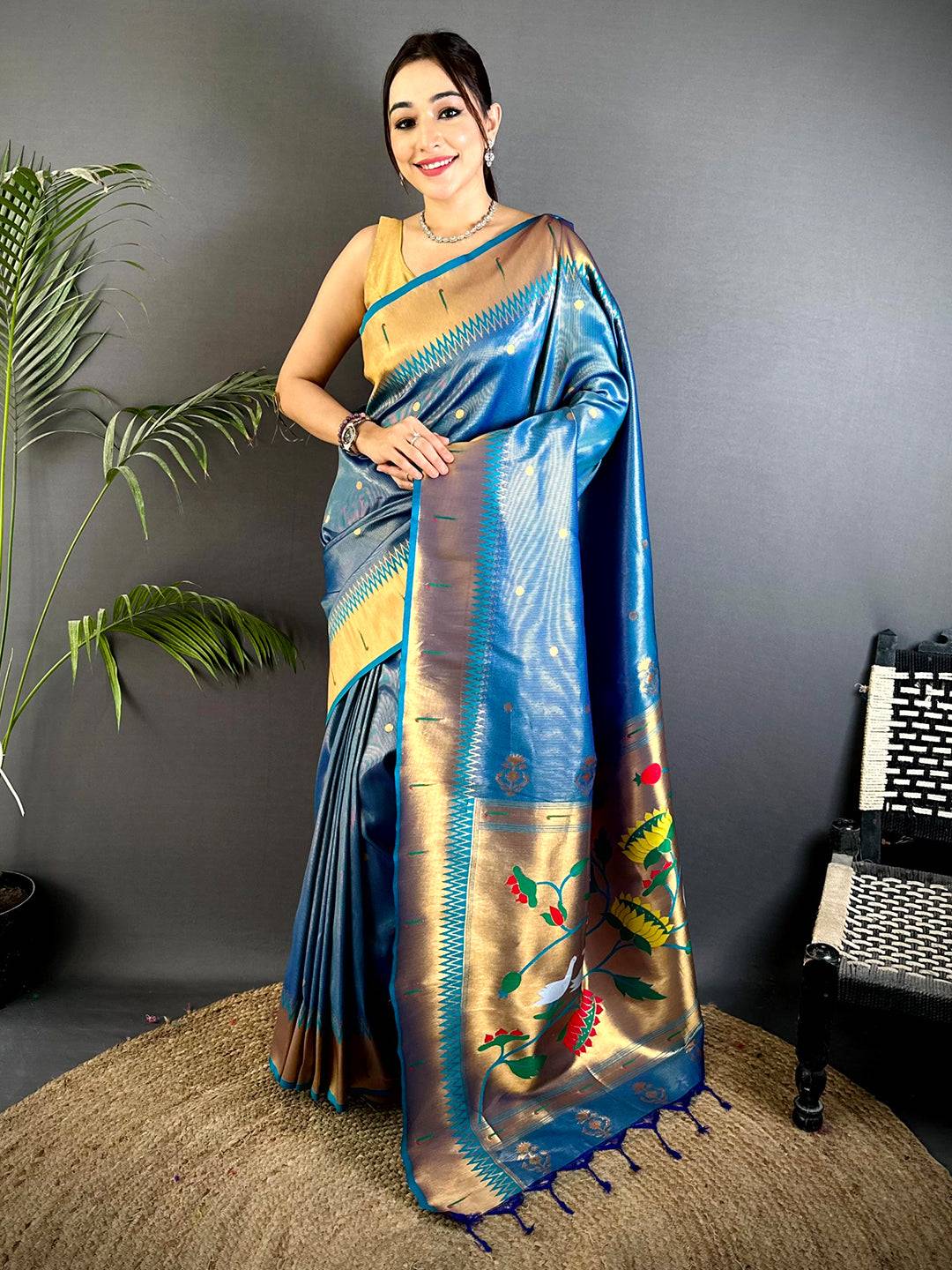 Golden Grace Zari Tissue Paithani Saree With Maggam Blouse