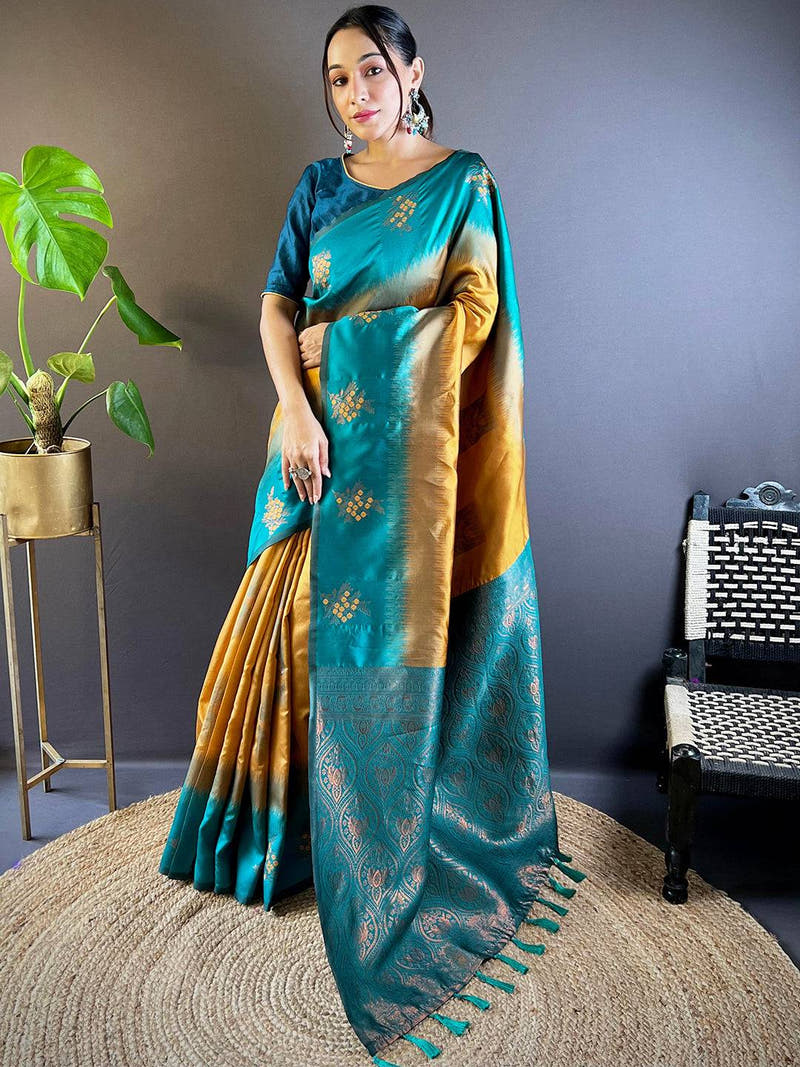 Mustard Sami Banarasi Tussar Silk Saree