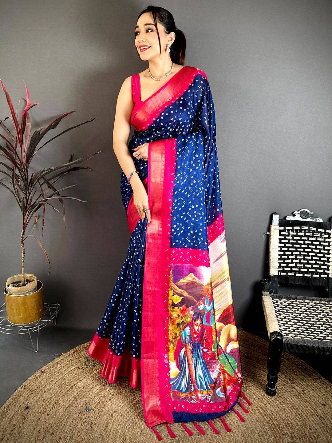 Navy Bandhej Fusion Dola Print Saree