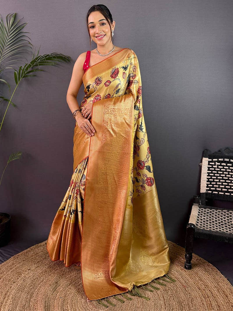 Lemon Yellow Cherry Satin Kalamkari Saree