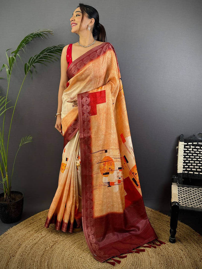 Ochre Digital Print Soft Dola Silk Saree