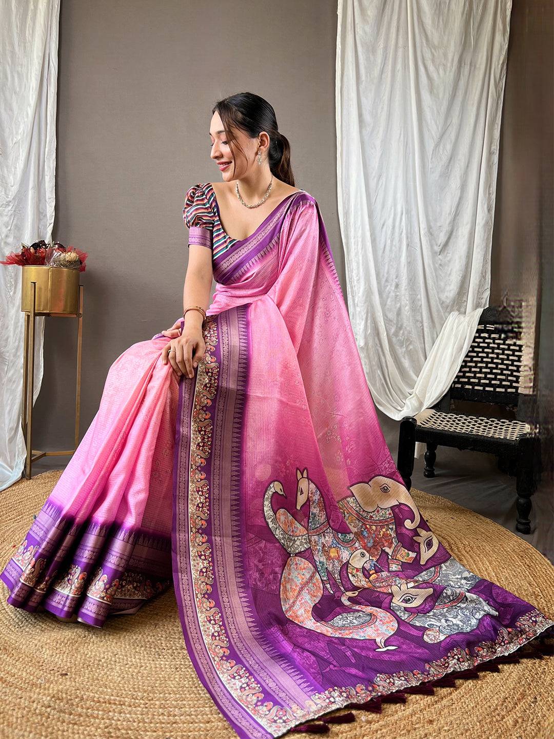 Stylish Dahlia Pink Kota Saree with detailed artwork