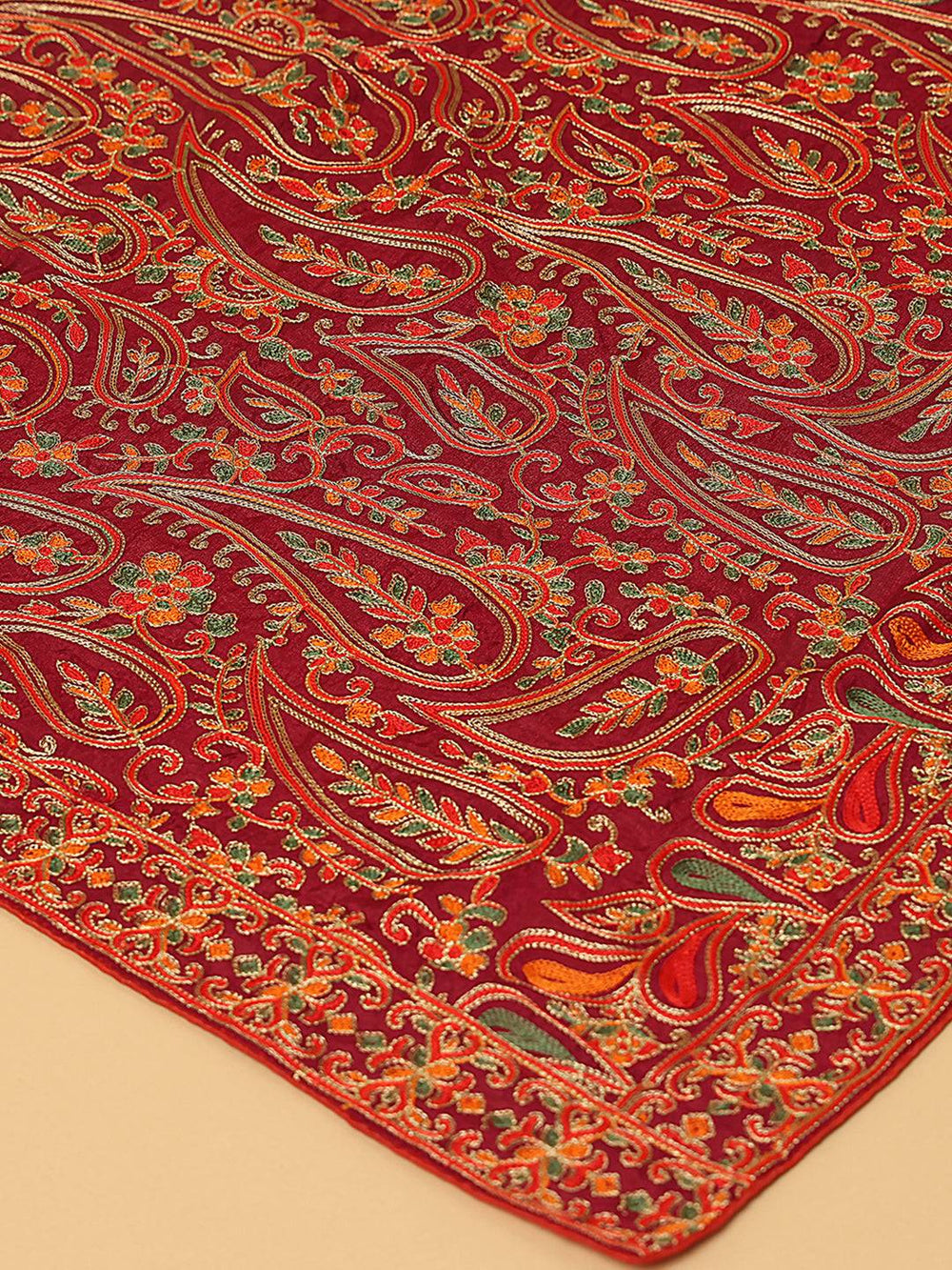 Close-up of red embroidered poly chiffon pashmina dupatta