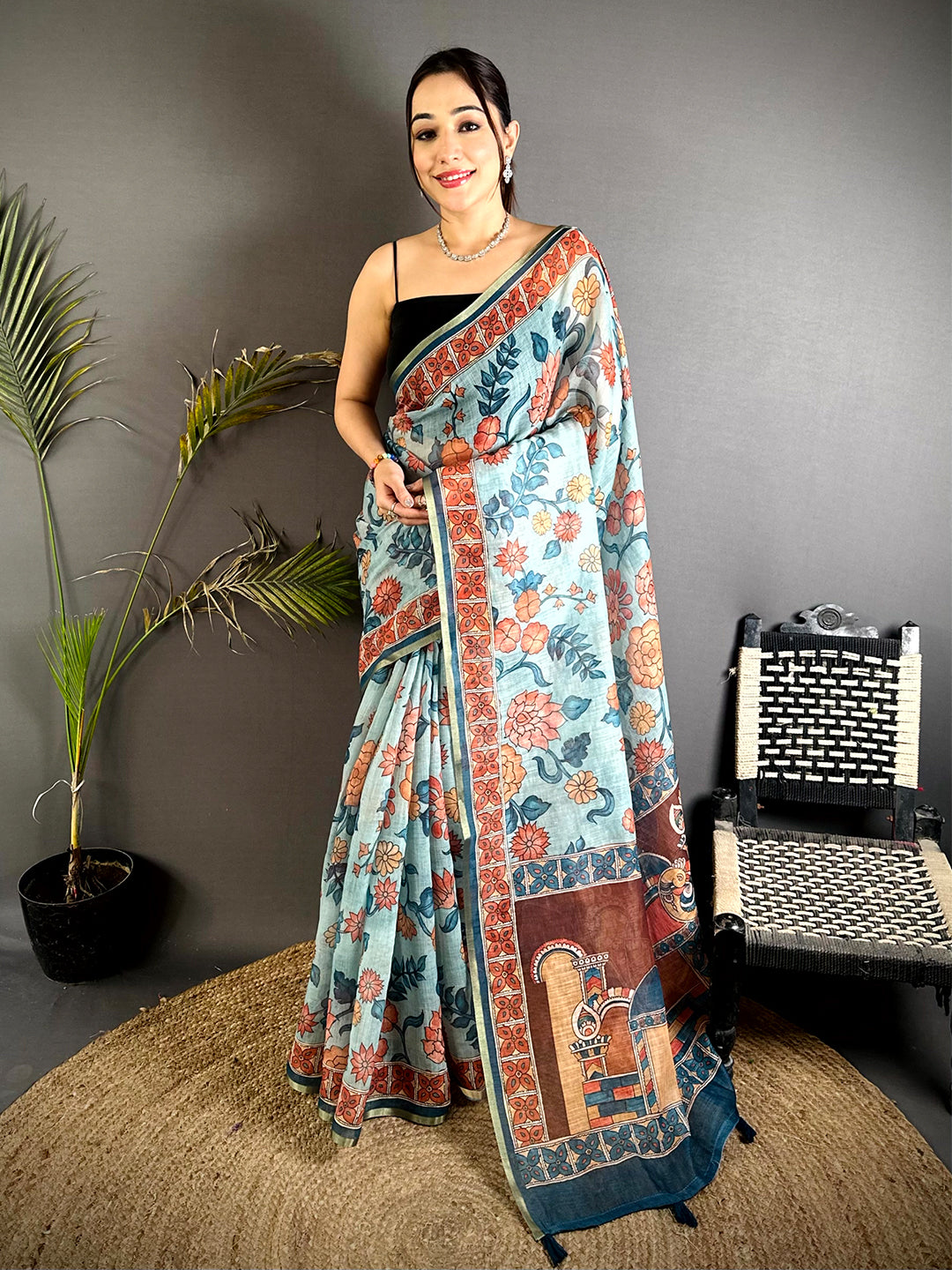 Classic Floral Kalamkari Soft Linen Saree