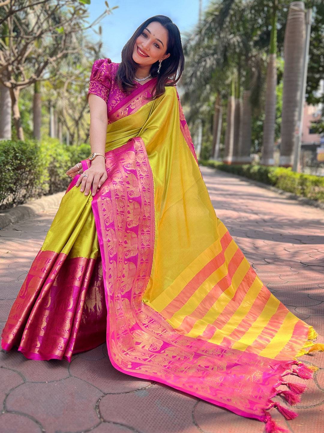 Elegant light green saree with pink accents, garden background