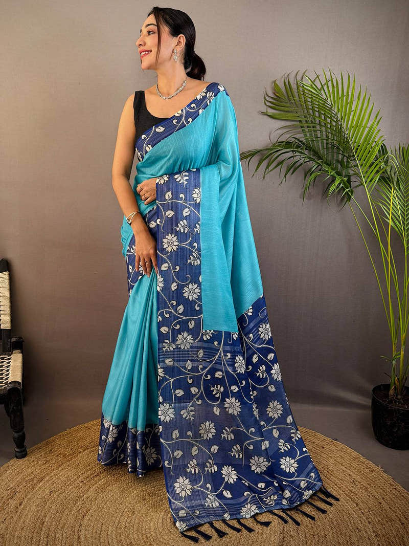 Sky Blue Linen Kalamkari Print Saree