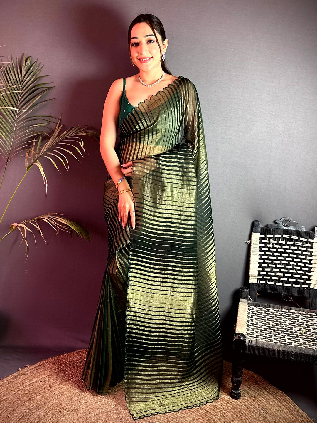 Classic Gold Zari Striped Chiffon Saree