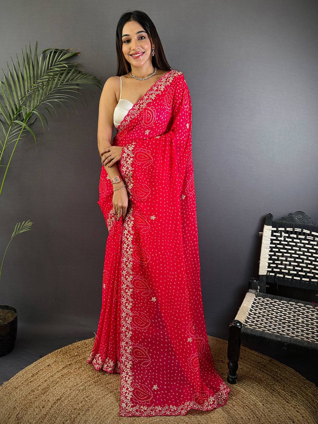 Radiant Pink Soft Georgette Bandhej Print Saree