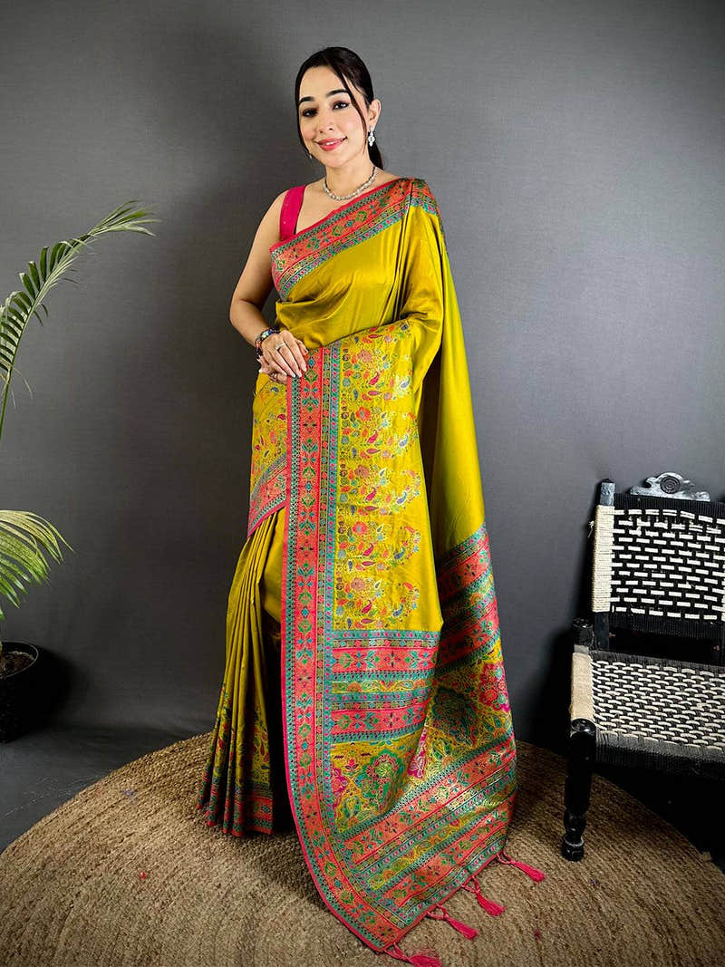 Green Kashmiri Pashmina Semi Silk Saree