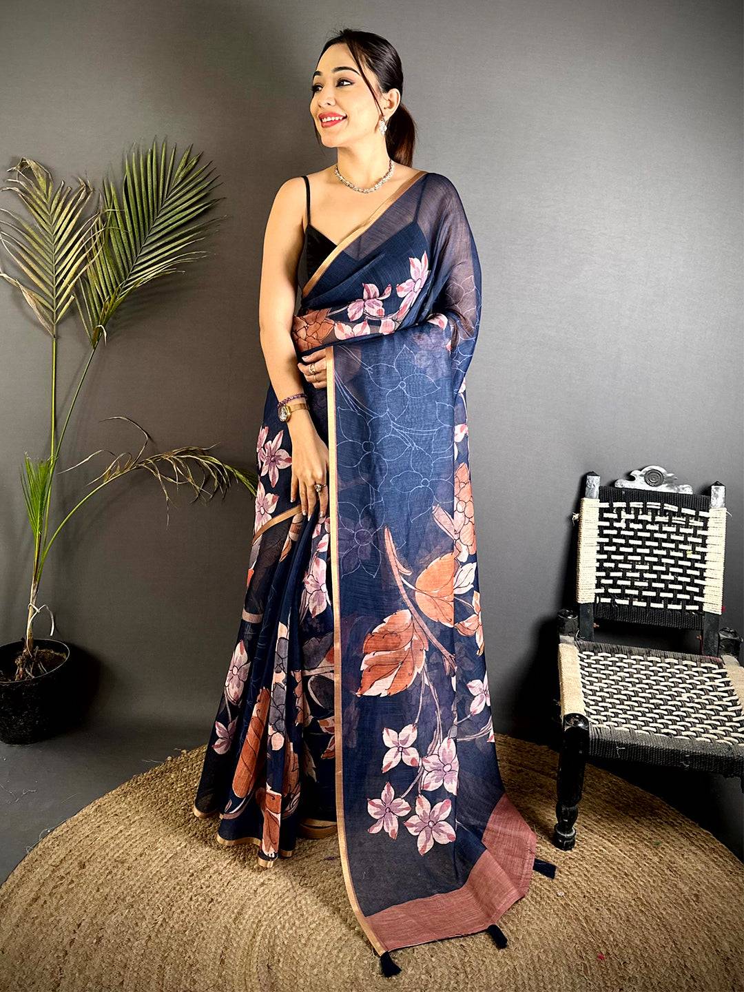 Classic Navy Floral Linen Saree