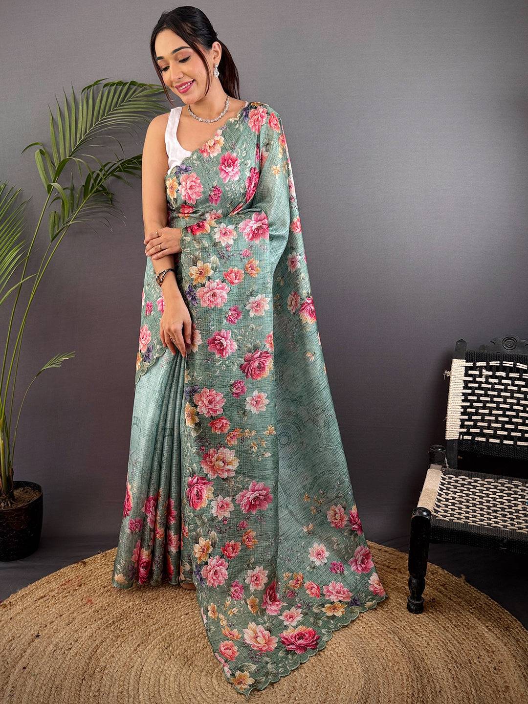 Mint Green Kota Doriya Floral Cut Work Saree