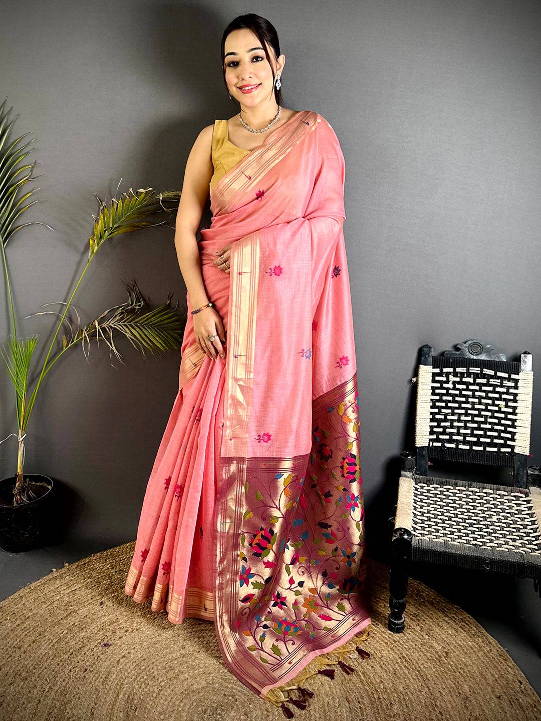 Royal Minakari Butti Khadi Linen Saree