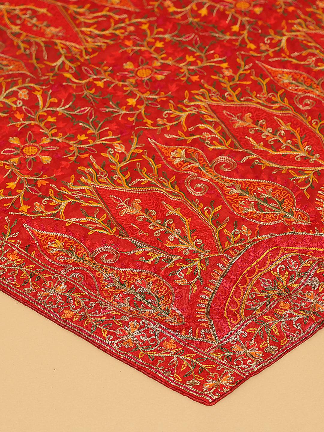 Close-up of red pashmina dupatta showcasing detailed embroidery.