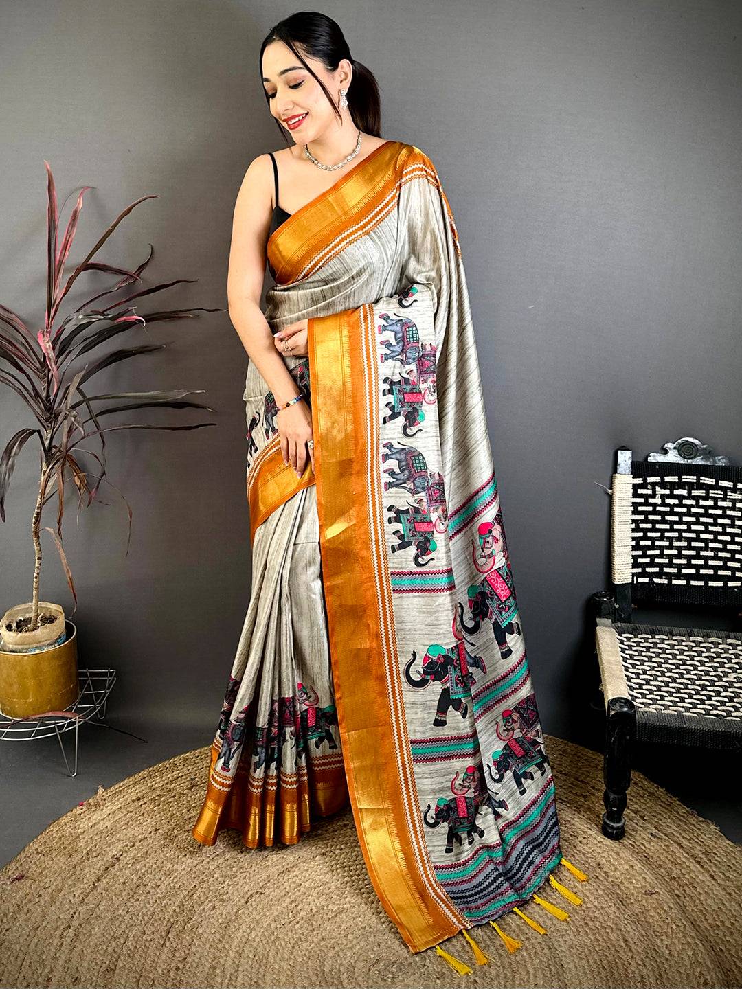 Vibrant Block Print Dola Silk Saree
