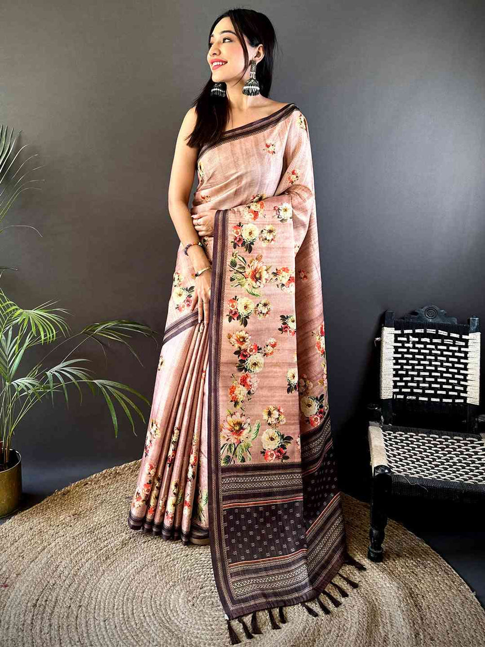 Floral Beauty in Blush Pink Tussar Zari Saree
